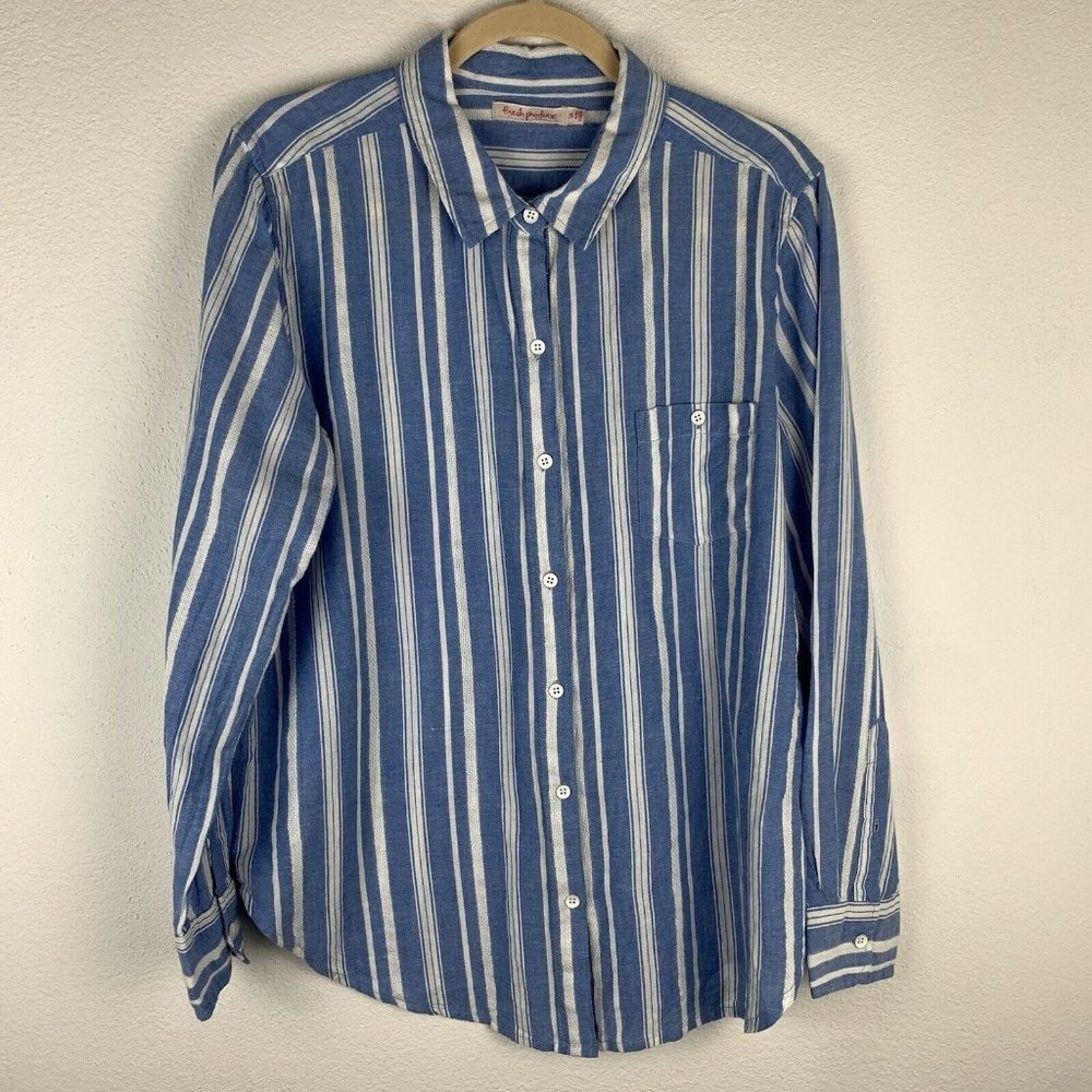 Fresh Produce Women's L Blue White Striped Button Up Down Collared Blouse Top